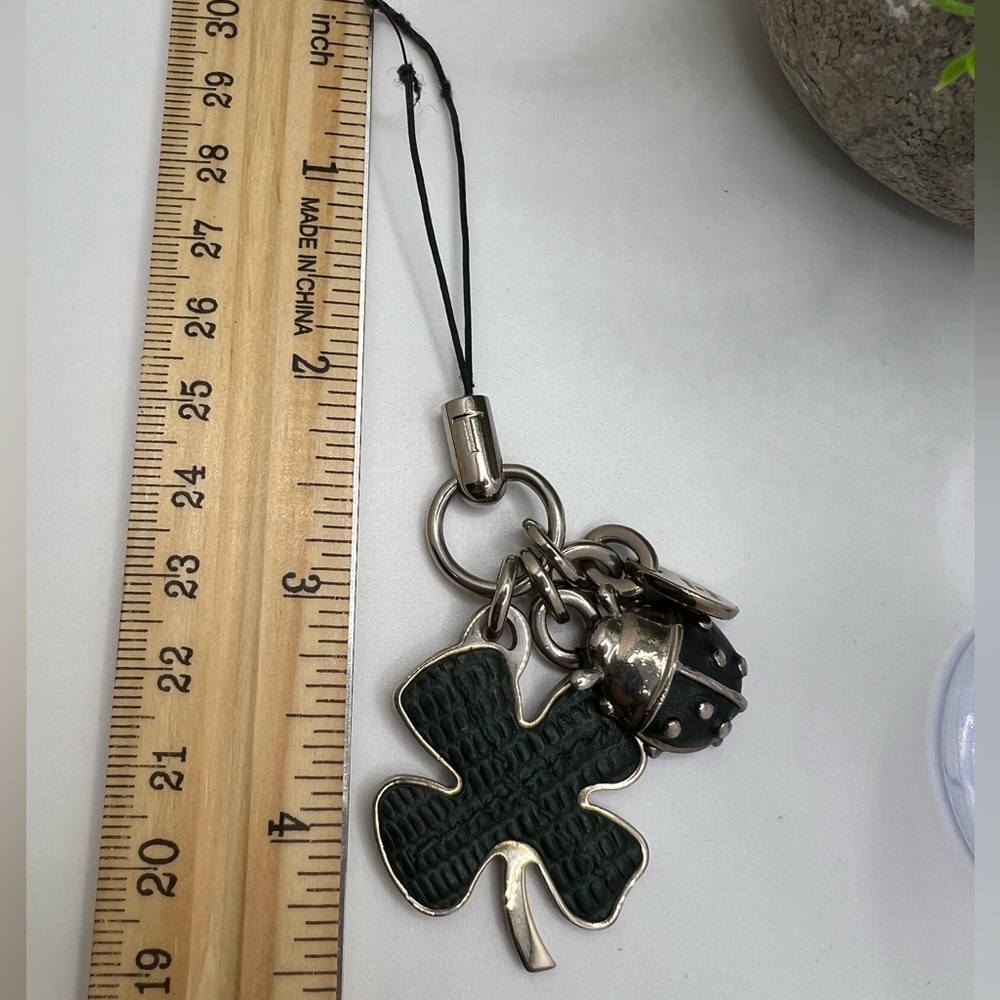 TOD'S Leather Clover & Ladybug Phone Charm Green Black Silver Italian - Picture 6 of 6
